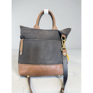 R. Riveter Otto Carry All Shoulder Bag Black Canvas Leather Trim Top Handle